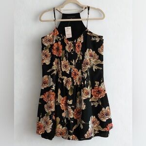 NWT Sanctuary Black Coral Floral Pleated Mini Dress Adjustable Straps Size Small